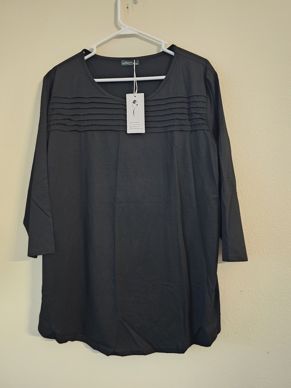 Black Pleated Yoke Long Sleeve Women's Dress Top